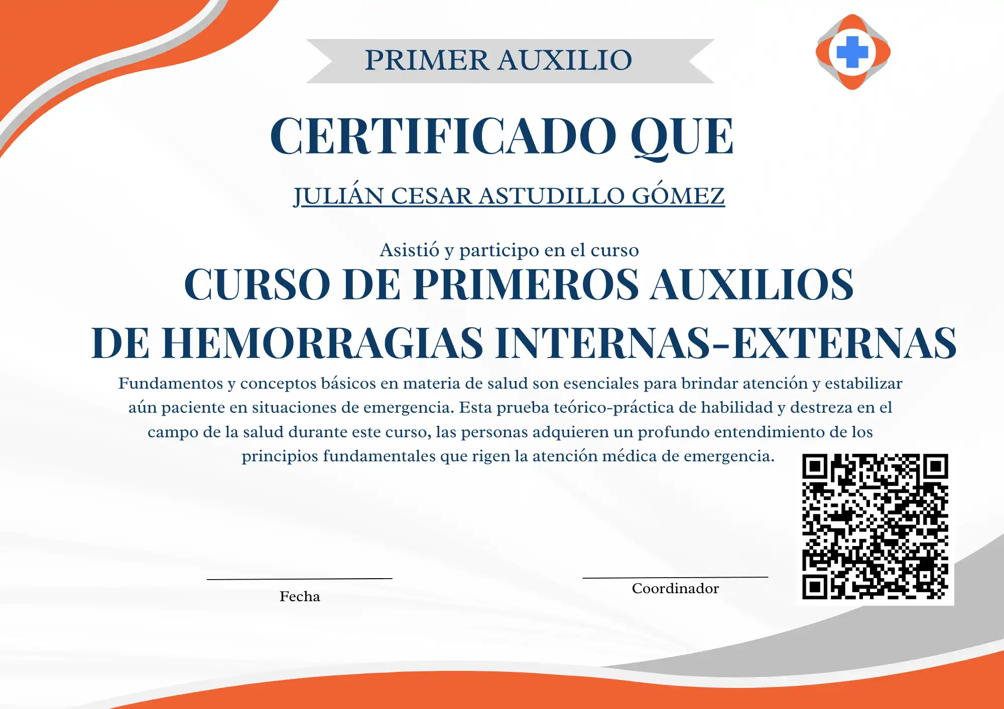 Certificado del curso de primeros auxilios de hemorragias internas-externas Certificado del curso de primeros auxilios de hemorragias internas-externas